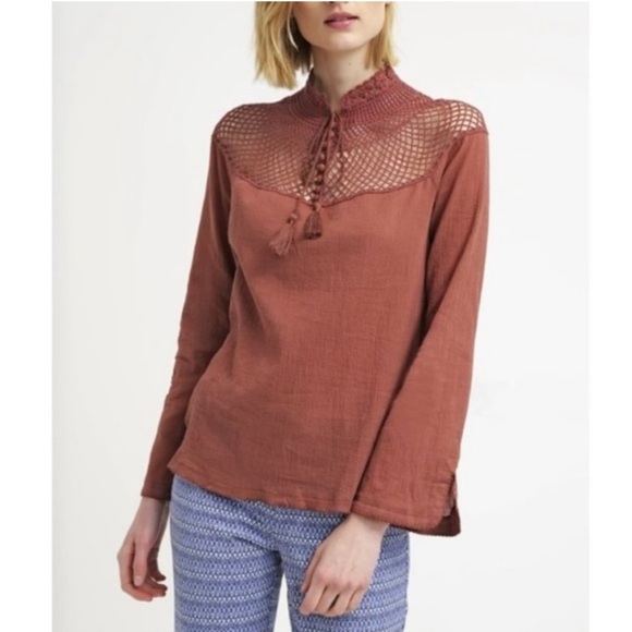Free People Brown On the Island Crochet Yoke Blouse - Picture 1 of 11